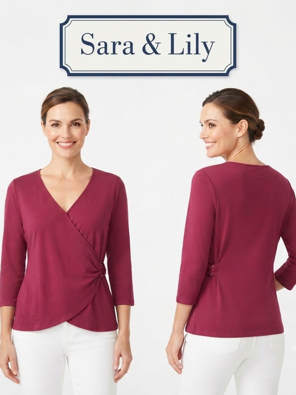 Sara & Lily Cranberry Cross Over O-Ring Buckle Stretch Top Large